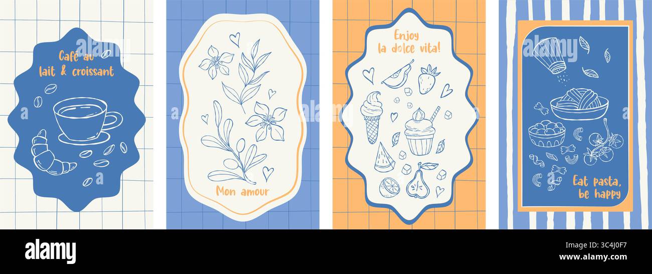 Poster retrò del cibo italiano d'epoca. Dolce vita disegna a mano. Cartoline di estetica mediterranea isolata con pasta da bere, dolce, caffè, frutta Illustrazione Vettoriale