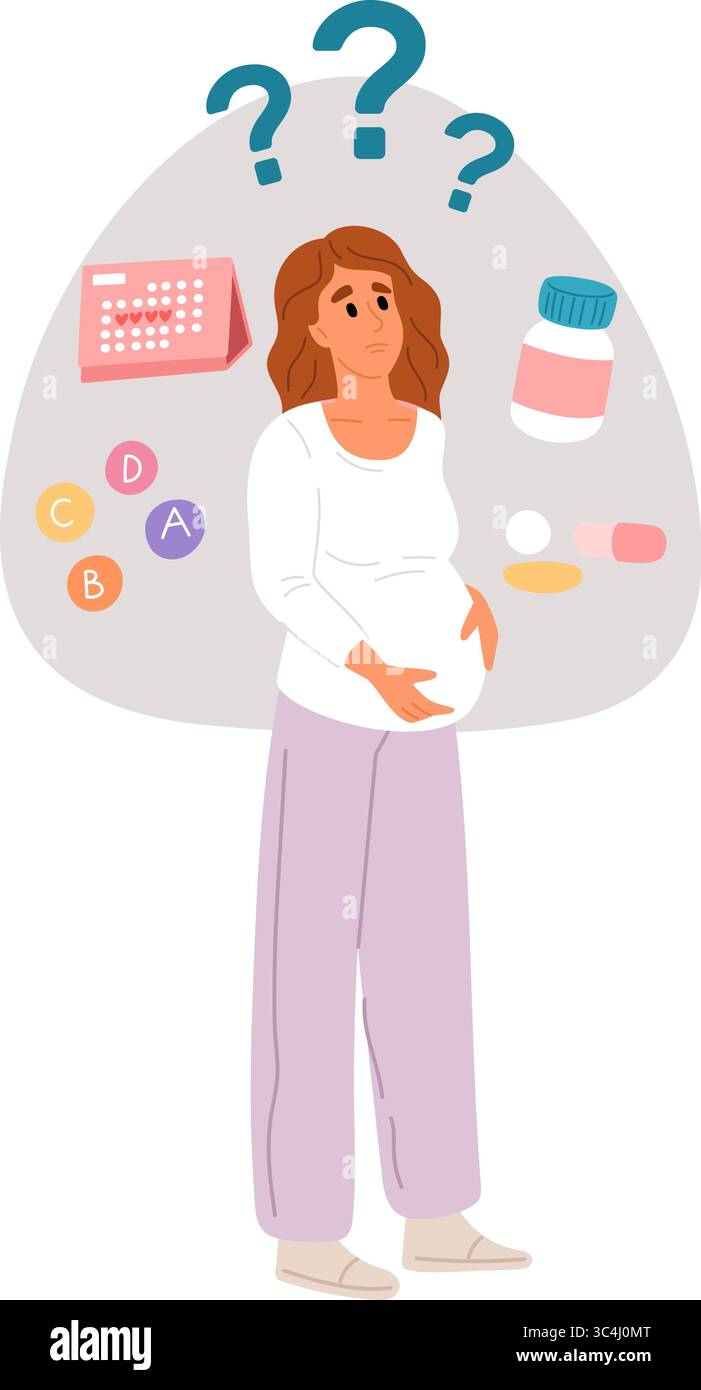 La giovane donna incinta è preoccupata e ansiosa per la sua data di scadenza. Nutrizione corretta o vitamine. Fai domande. Pancia femminile che sceglie integratori di pillole. R Illustrazione Vettoriale