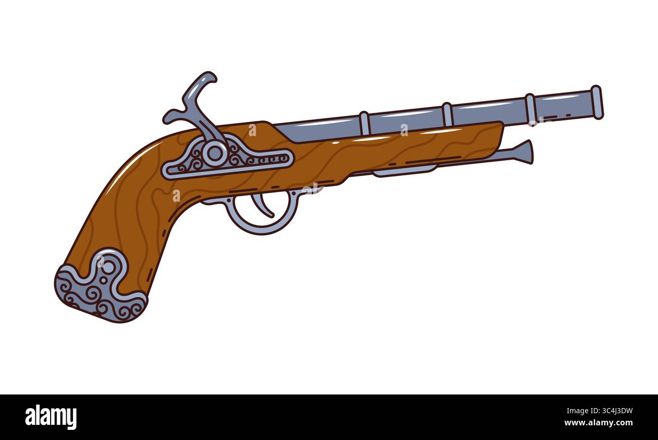 Pistola Cartoon Groovy, pirata retrò e pistola d'epoca Corsair. Revolver in polvere vecchio vettore isolato, arma antica per moschettieri, cowboy o filib Illustrazione Vettoriale