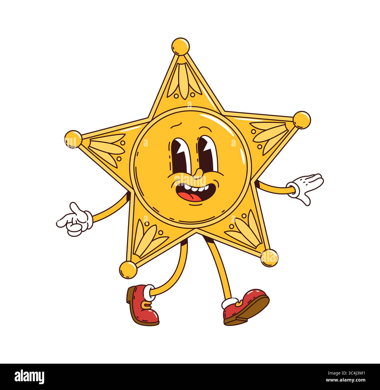 Il famoso personaggio dello sceriffo occidentale. Il personaggio hippie retrò del selvaggio West brilla di fiducia, pronto a difendere la giustizia alla frontiera. Isolat Illustrazione Vettoriale