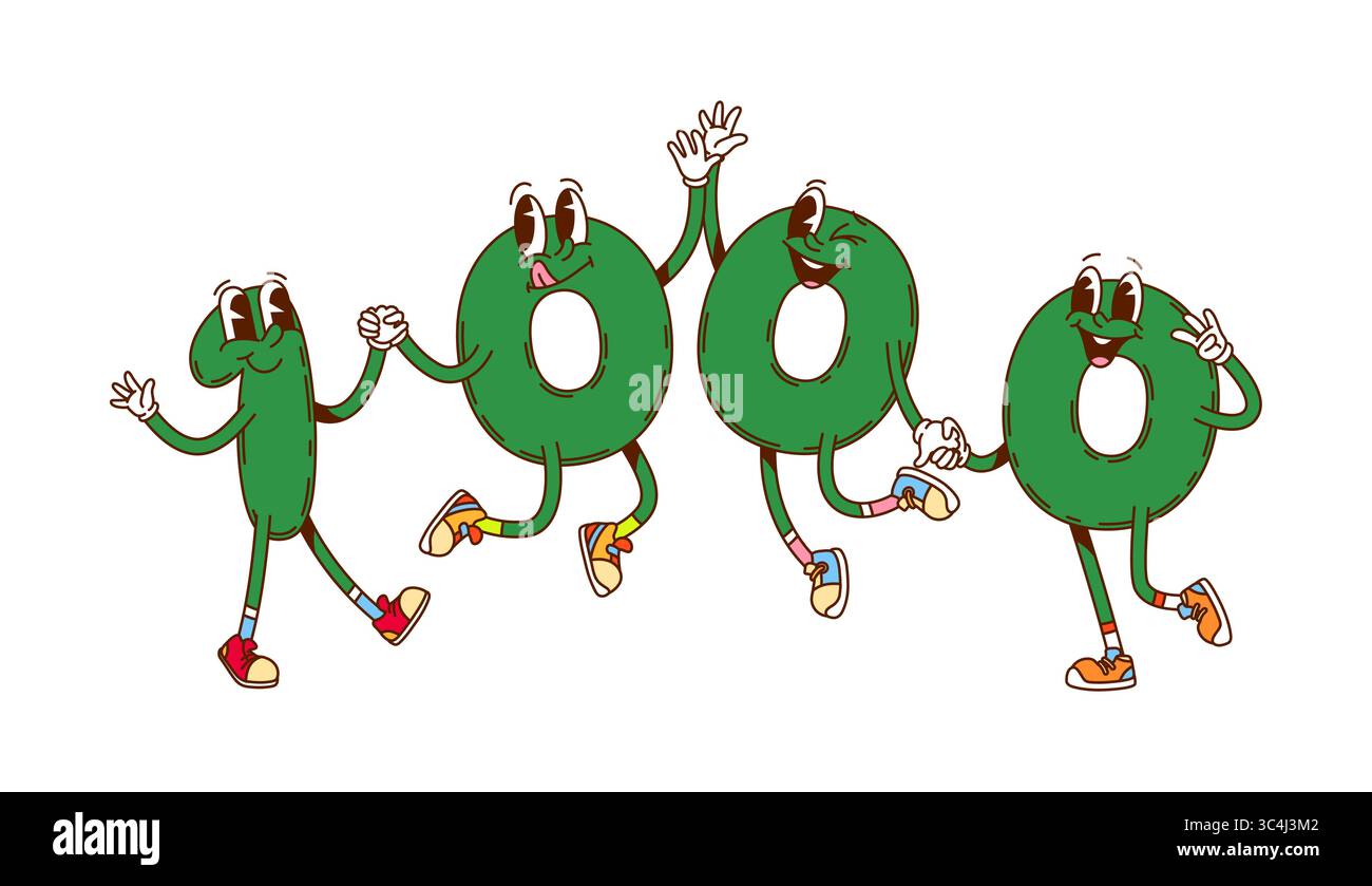 Numeri gozzi e personaggi matematici dei cartoni animati con volti divertenti, emoji matematiche vettoriali. Groovy numero mille di 1 uno con 0 Zero numeri, happy smi Illustrazione Vettoriale