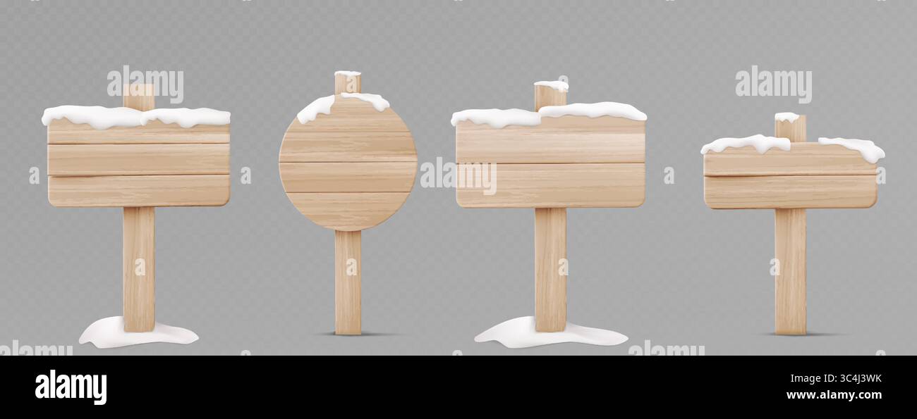 Cartelli in legno 3d ricoperti di coppe da neve. Set di insegne invernali - tavole di legno rotonde e rettangolari su pali con copertura in ghiaccio bianca. Decorazioni natalizie per gli elementi da esposizione delle festività. Illustrazione Vettoriale