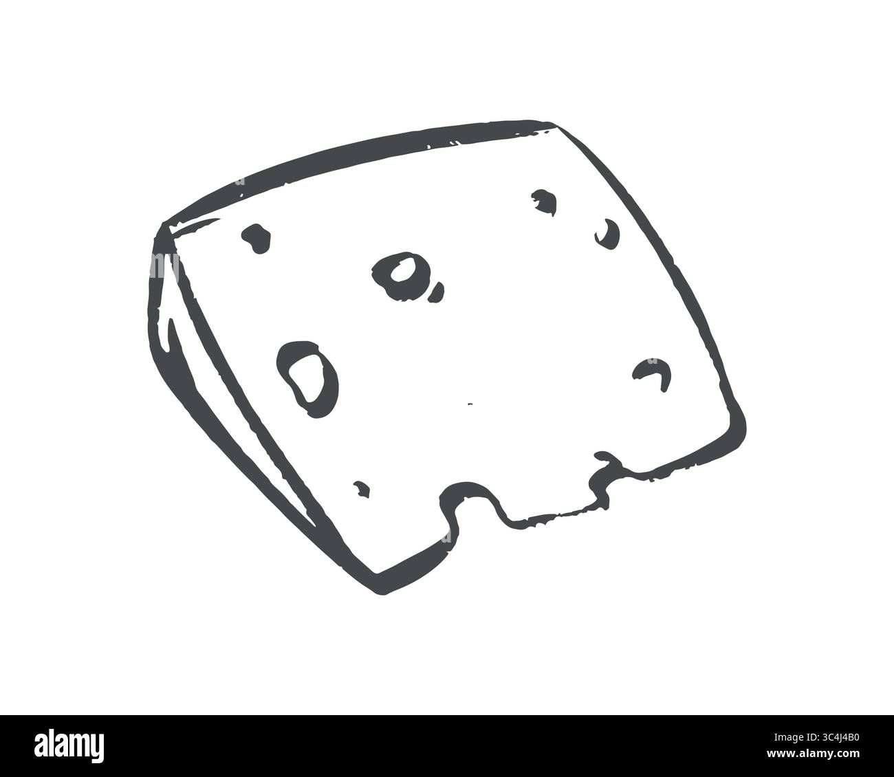 Illustrazione vettoriale del formaggio svizzero con fori. Formaggio trafilato a mano isolato sullo sfondo. Prodotto a base di latte fermentato. Clipart caseario per fattoria. Imitazione del disegno rapido di inchiostro e pennello. Illustrazione Vettoriale