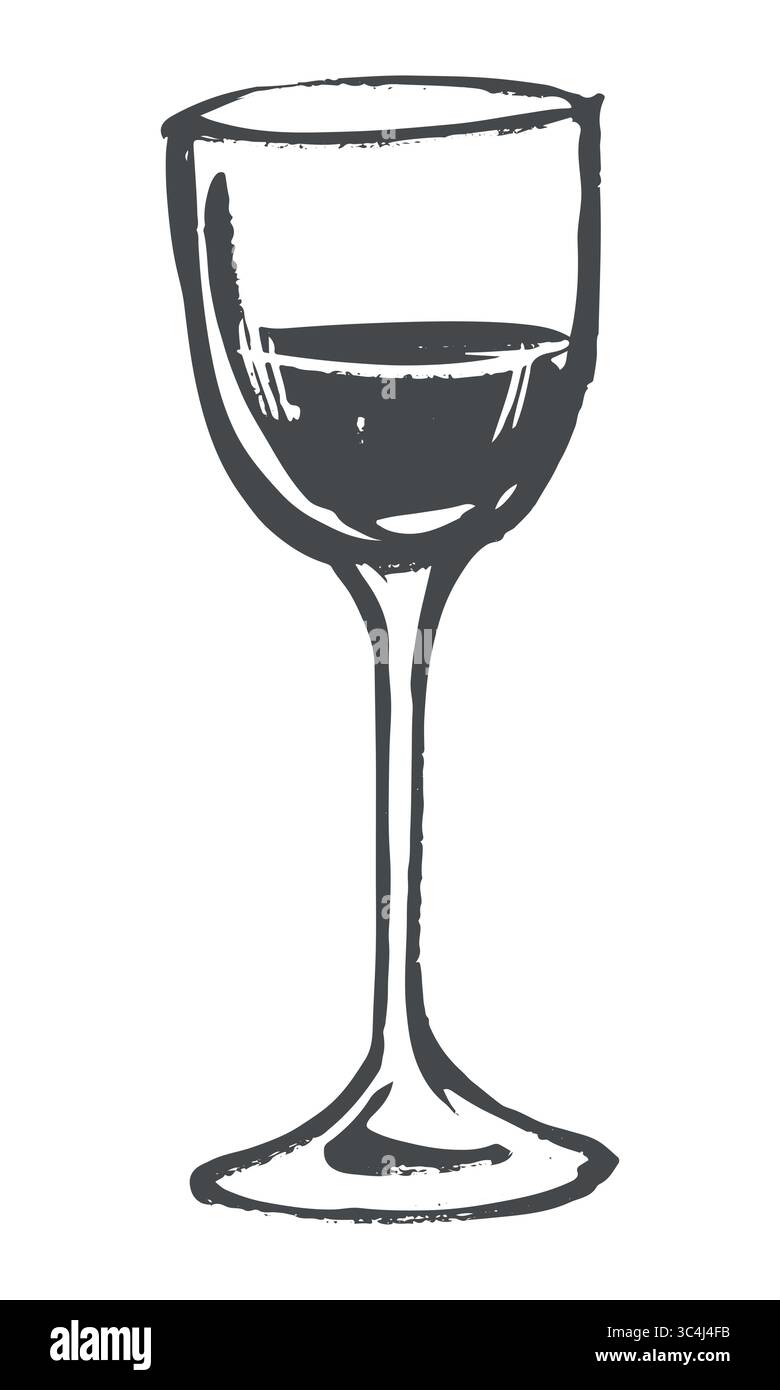 Bozzetto di bicchiere di vino bianco e nero. Estrazione rapida a inchiostro vettoriale del bicchiere da vino. Disegno lineare di vernice del vetro con liquore senza scrupoli. Bevanda alcolica. Illustrazione per bar o ristorante. Illustrazione Vettoriale