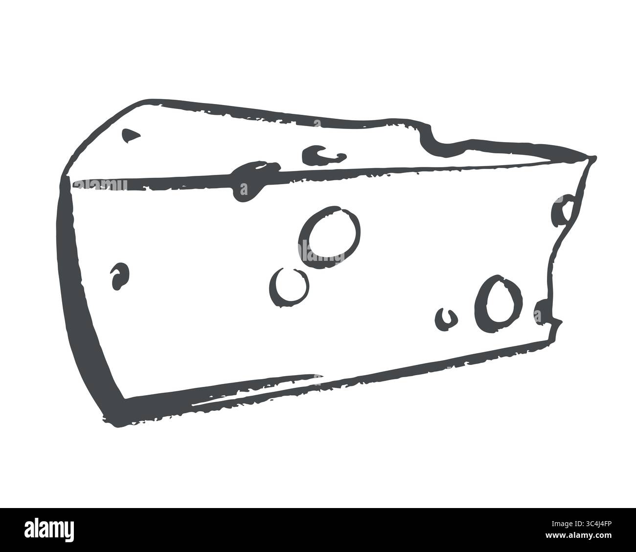 Illustrazione vettoriale del formaggio svizzero con fori. Pezzo triangolare di formaggio disegnato a mano. Prodotto a base di latte fermentato. Clipart caseario per fattoria. Imitazione del disegno rapido con inchiostro e pennello. Illustrazione Vettoriale