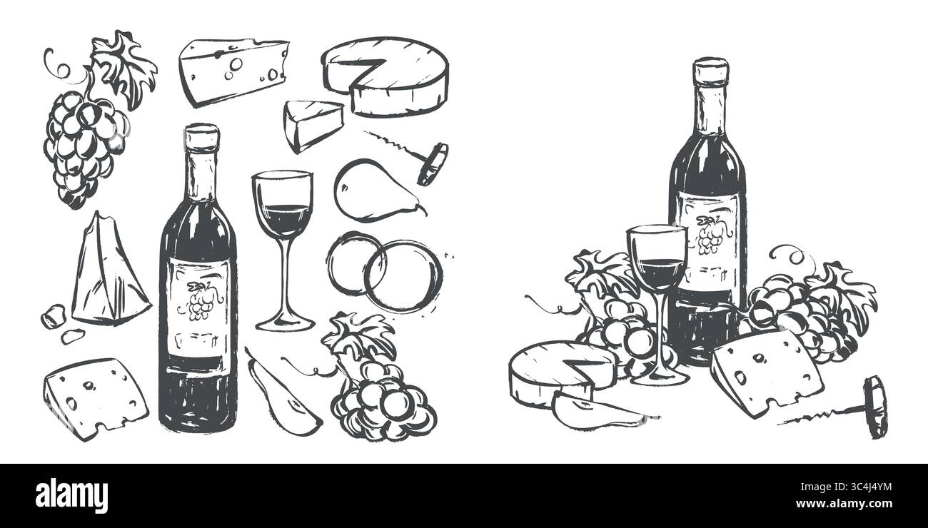 Set vettoriale con vino, bicchiere di vino e snack. Uva, formaggio e frutta in uno stile rapido e lineare. Clip art per il menu del ristorante, la lista dei vini o l'invito alla degustazione. Illustrazione Vettoriale