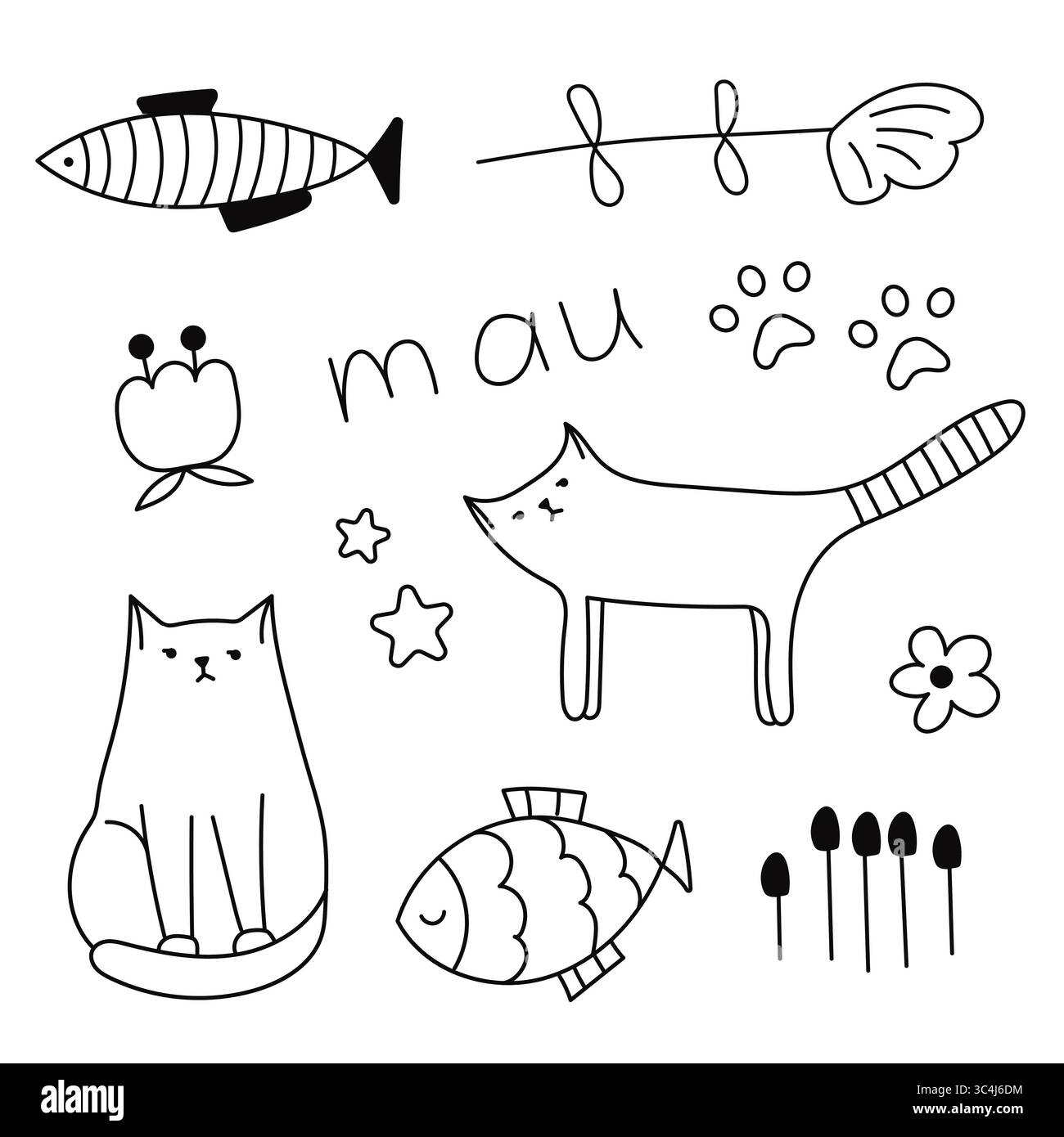 Set di elementi carini con gatto, pesce, fiori. Illustrazione Vettoriale