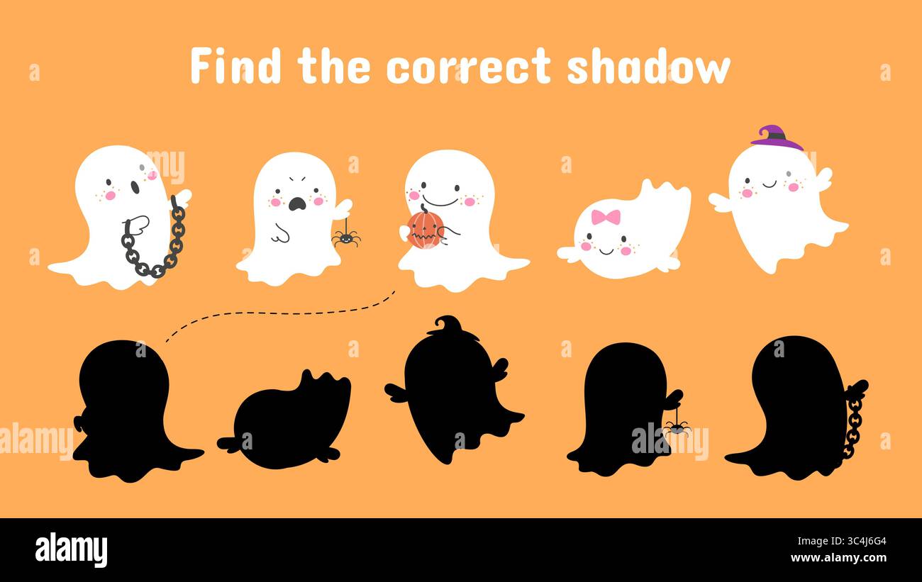 Trova l'ombra fantasma corretta. Gioco educativo per bambini con divertenti fantasmi cartoni animati. Halloween gioca con simpatiche mascotte infantili, modello vettoriale Illustrazione Vettoriale