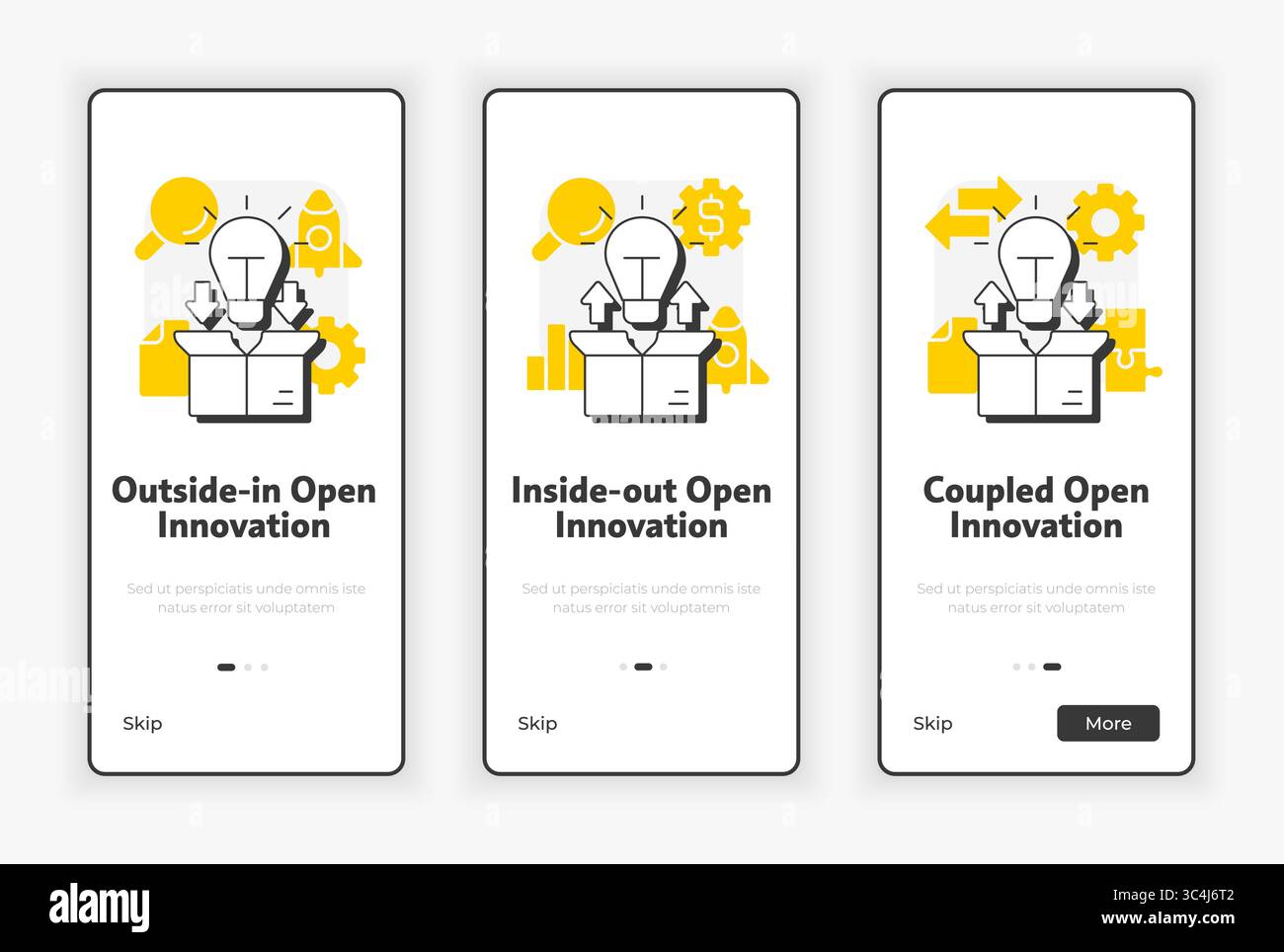 Modelli di schermata di onboarding mobile open Innovation Illustrazione Vettoriale