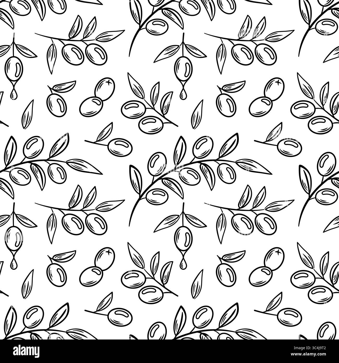 Un motivo senza cuciture di olive e foglie trafilate a mano, che sfoggia uno stile accattivante. Questa illustrazione è ideale per la progettazione tessile, il confezionamento e la Illustrazione Vettoriale