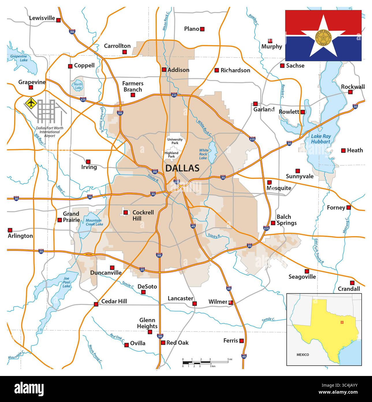 Panoramica e mappa stradale della città del texas Dallas Foto Stock