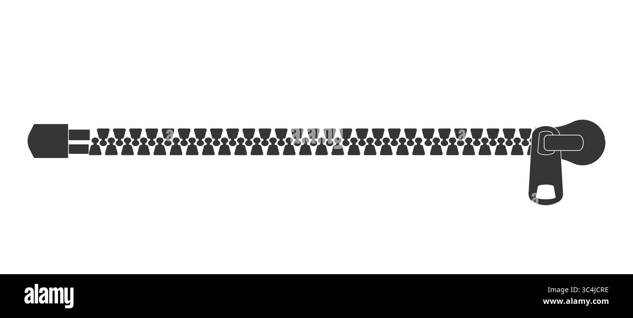 Silhouette con cerniera, blocco o sblocco con cerniera. Elemento di fissaggio scorrevole con estrattore. Cerniera aperta in tela. Abbigliamento accessori disegno semplice. Illustrazione vettoriale Illustrazione Vettoriale