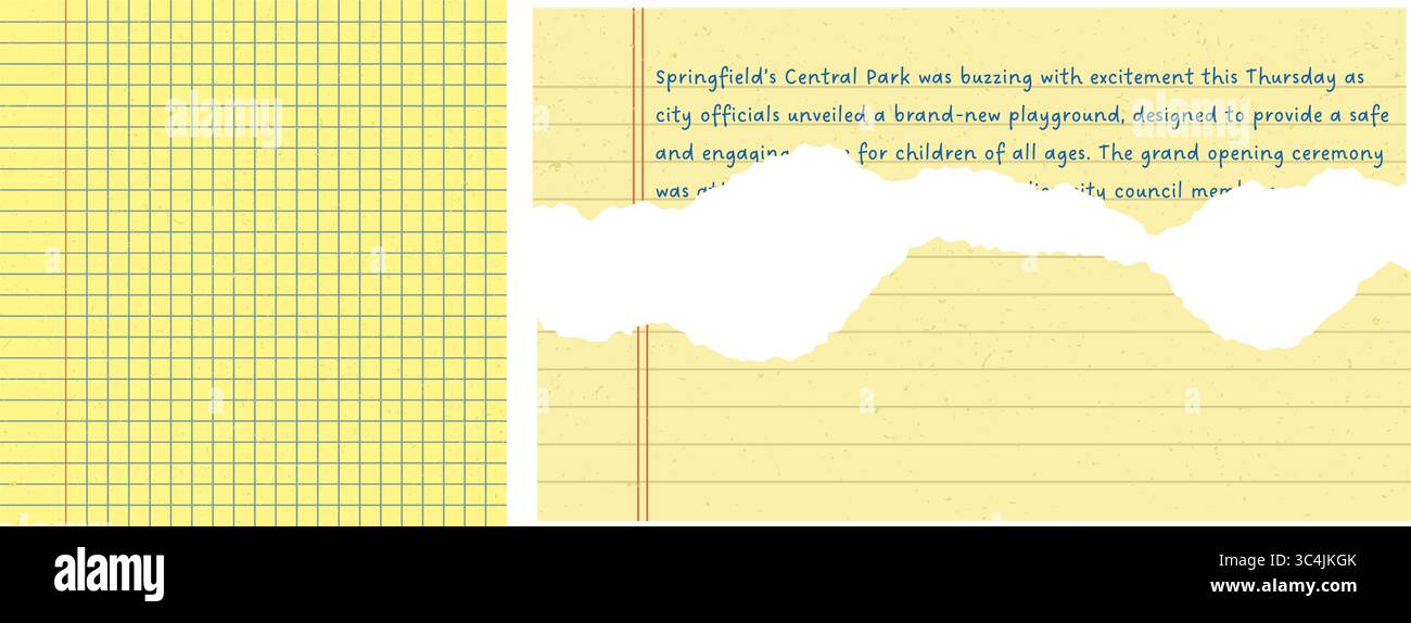 Set di elementi di carta strappati di colore giallo con linee, celle e bordi strappati ruvidi. Ideale per collage, scrapbooking digitale e progetti creativi Illustrazione Vettoriale