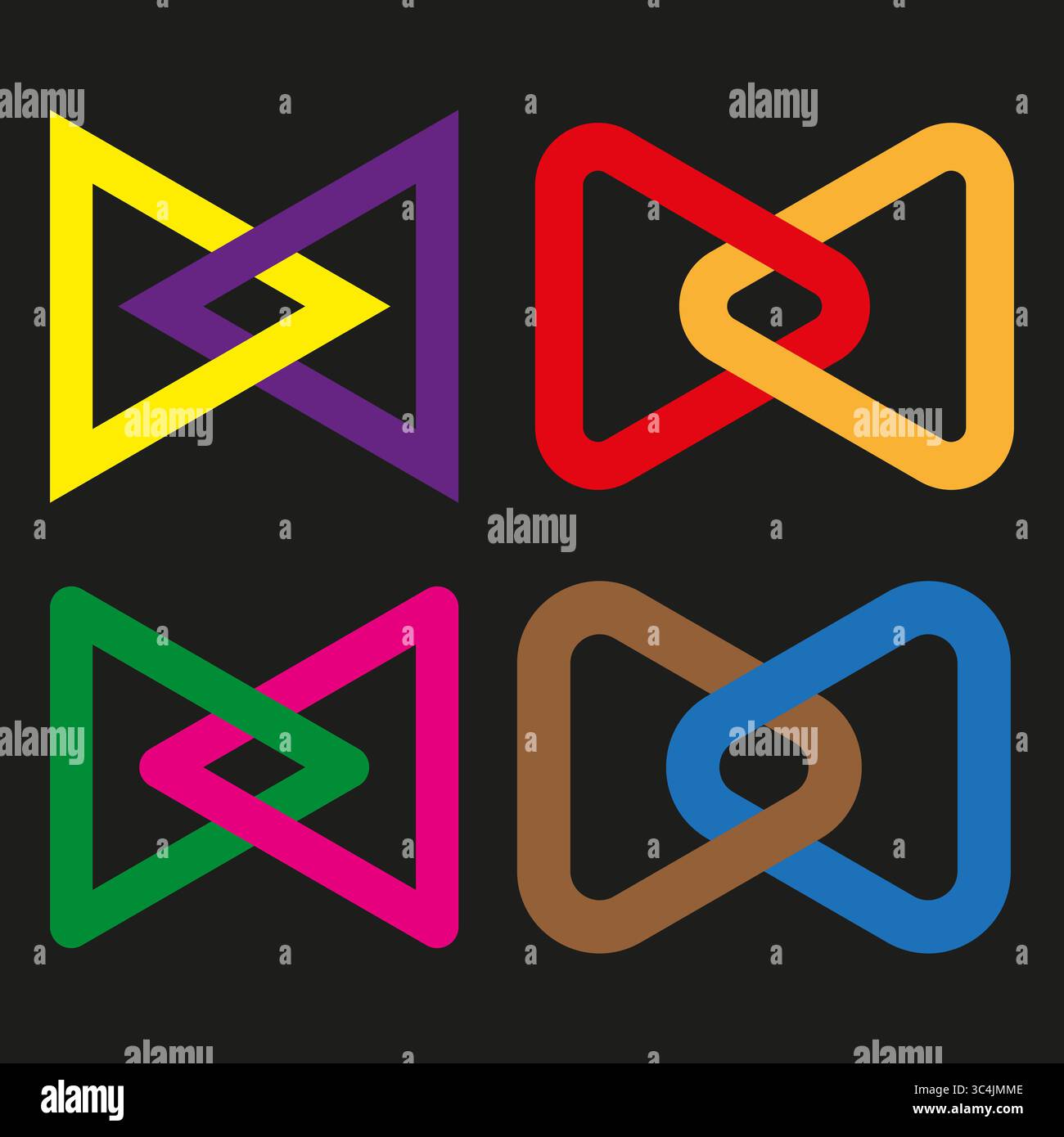 Icona del loop triangolare. Forma di sovrapposizione a colori. Riproduci vettore nastro. Sfondo scuro. EPS 10. Illustrazione Vettoriale