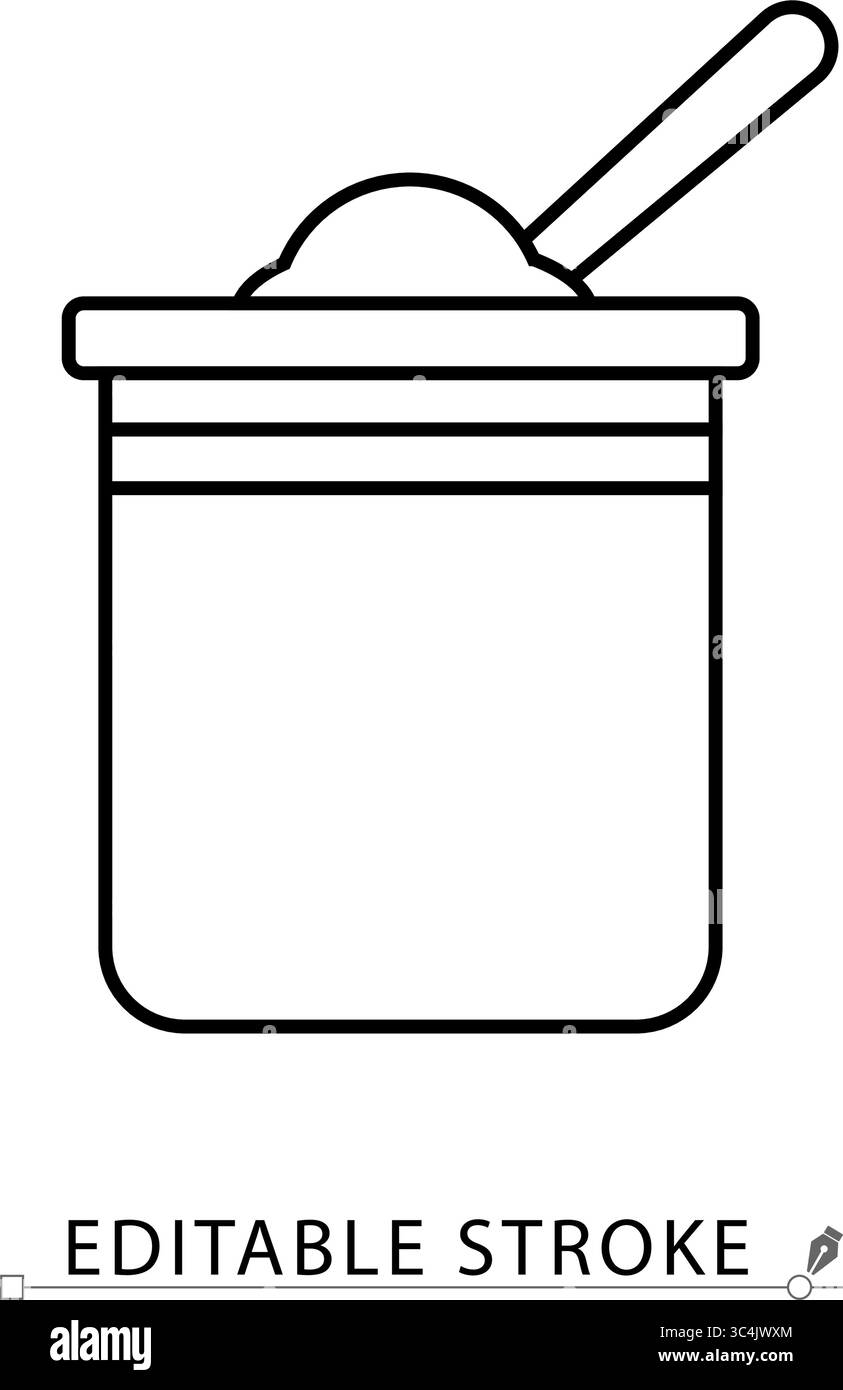 Icona della polvere del reagente nel tratto modificabile. Contenitore con polvere chimica e vettoriale del contorno del cucchiaio. Vaso da laboratorio per sostanze secche, integratori Illustrazione Vettoriale