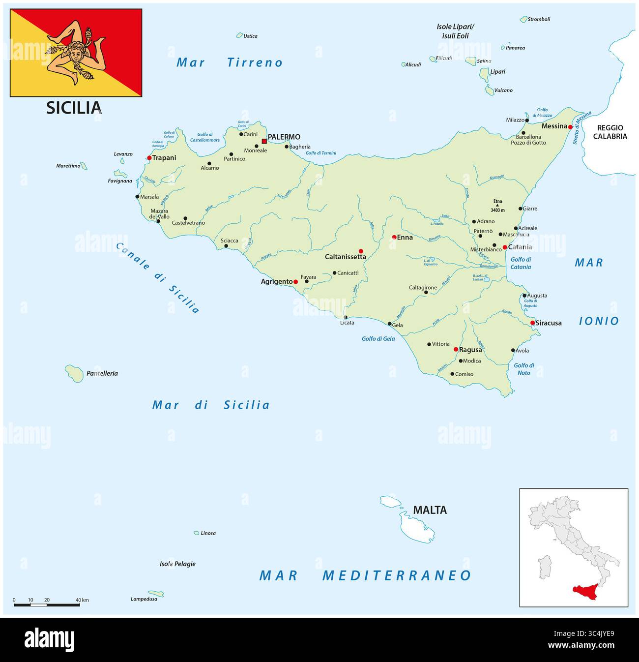 Mappa dell'isola italiana di Sicilia Foto Stock