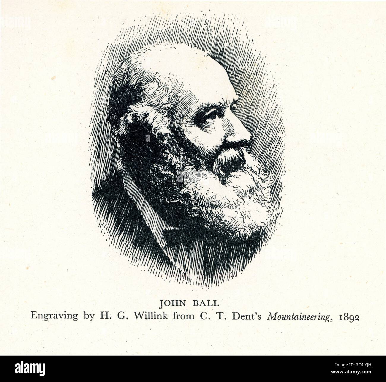 Incisione vittoriana d'epoca, piatto di libri di John Ball, una figura degna di nota nell'alpinismo britannico, anche un politico irlandese, naturalista e viaggiatore alpino, prominente glaciologo del XIX secolo, botanico alpino. Fu primo presidente del Club Alpino (fondato nel 1857). Incisione di H. G. Willink di C.T. Dent's Mountaineering 1892. Foto Stock