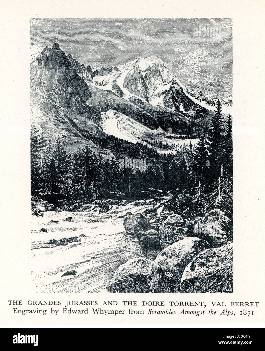 Incisione vittoriana d'epoca, piatto di libri delle Grandes Jorasses e del torrente Doire, Val Ferret, incisione di Edward Whymper di Scambles Among the Alps, 1871. REGNO UNITO Foto Stock