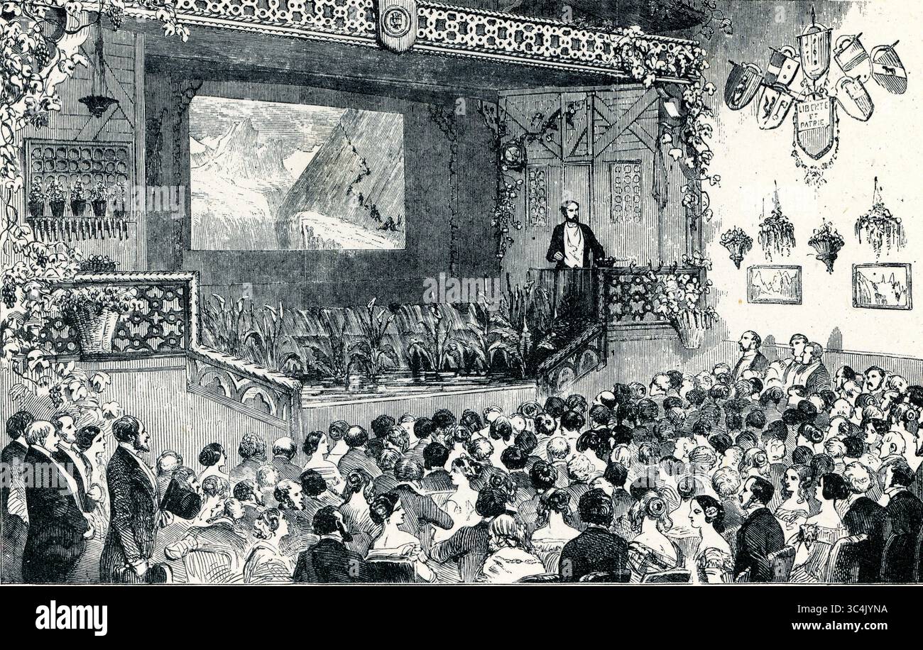 Incisione vittoriana d'epoca, raffigurante l'alpinista vittoriano, il signor Albert Smith racconta la sua ascesa del Monte bianco in uno spettacolo alla Egyptian Hall, Picadilly, Londra, incisione del Regno Unito tratto dal Illustrated London News, datato 25 dicembre 1852. Albert Richard Smith, 1816 – 1860, è stato un noto alpinista vittoriano, intrattenitore e autore. Foto Stock