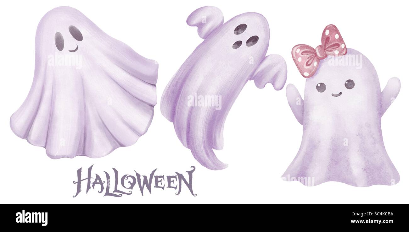 Tre simpatici fantasmi con diverse espressioni facciali in un morbido acquerello, perfetti per i disegni di Halloween e i biglietti d'auguri Foto Stock