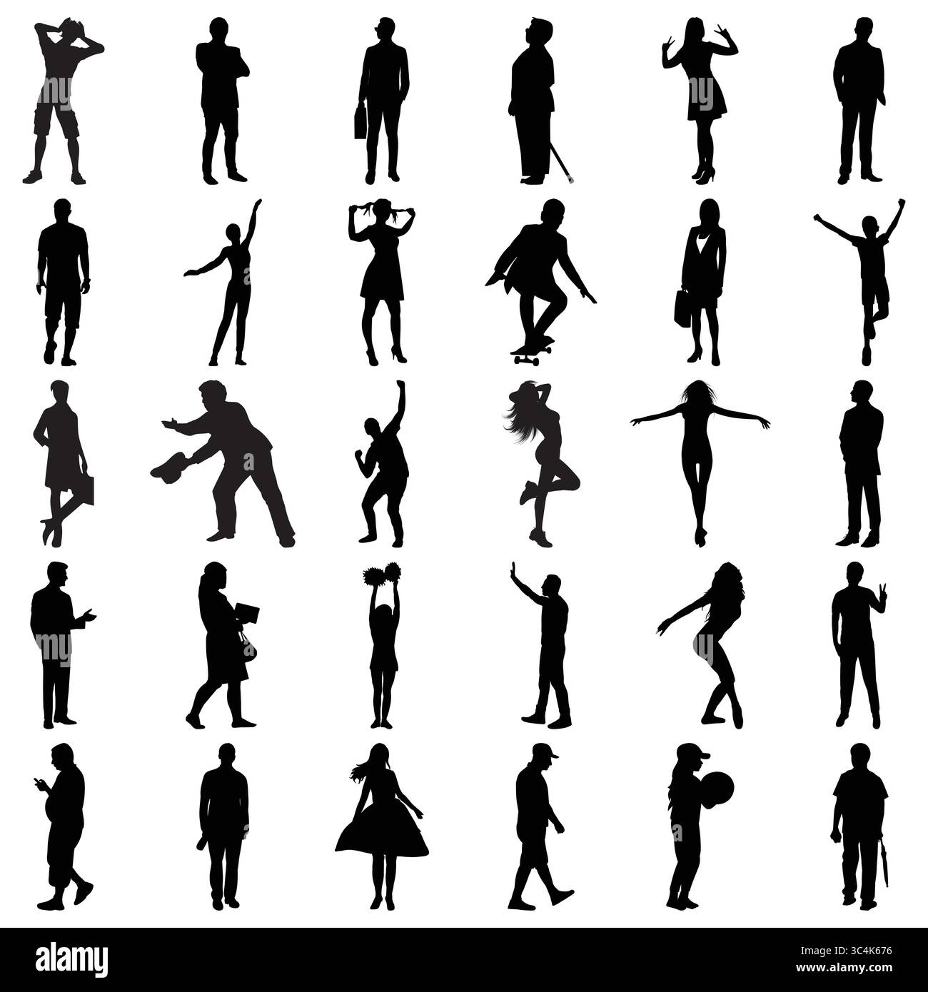 Una collezione di figure di silhouette diverse in varie pose su uno sfondo bianco Illustrazione Vettoriale
