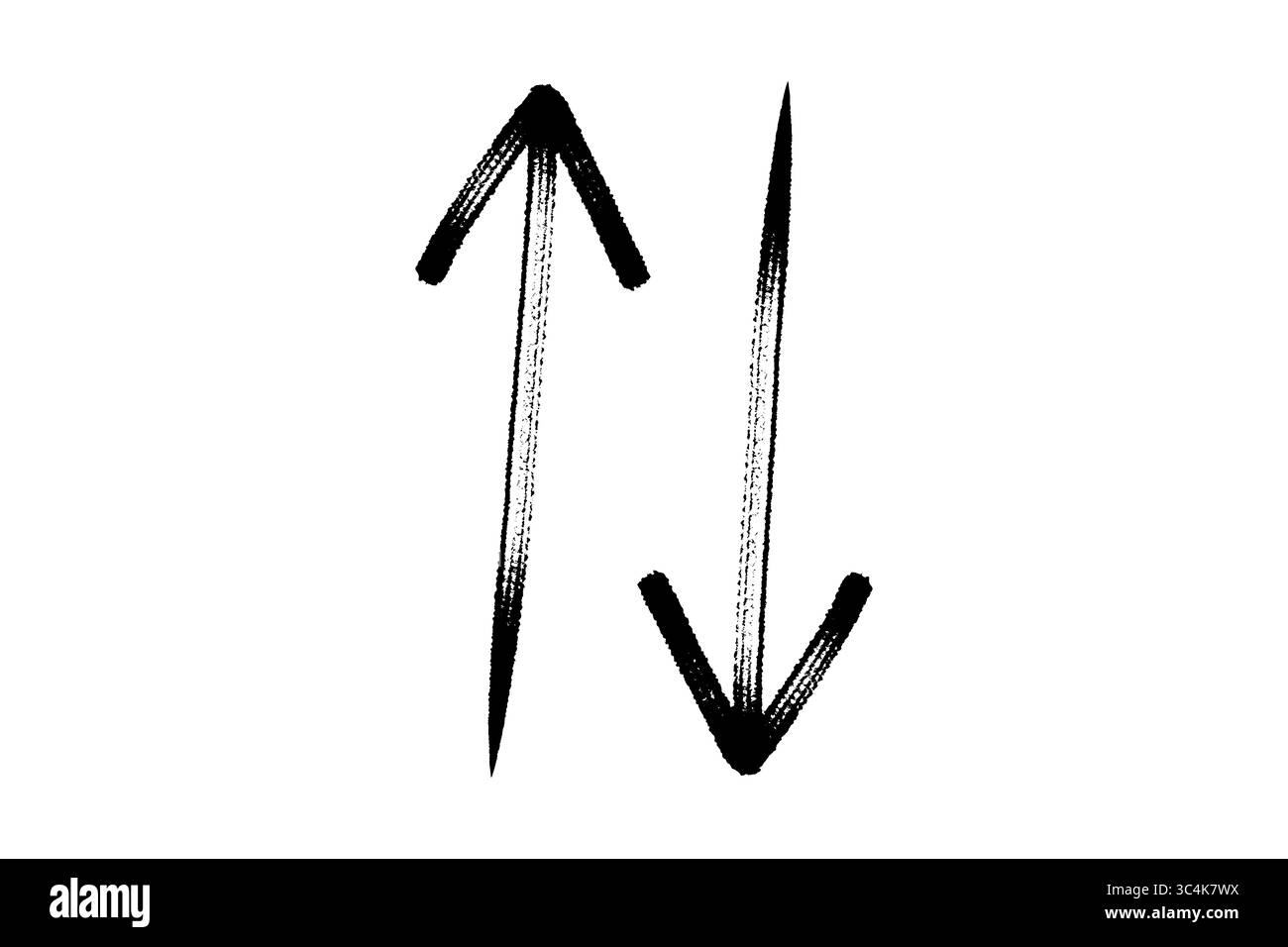 Frecce dipinte a mano disegnate con un pennello. Icona a freccia curva, clipart PNG isolato su sfondo trasparente, stile Grunge Foto Stock