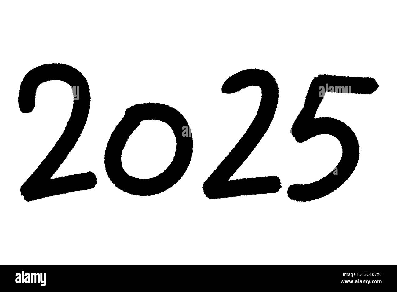 Icona Doodle 2025 scritta a mano, numero stile schizzo, isolato su sfondo trasparente, stile pennello nero Foto Stock