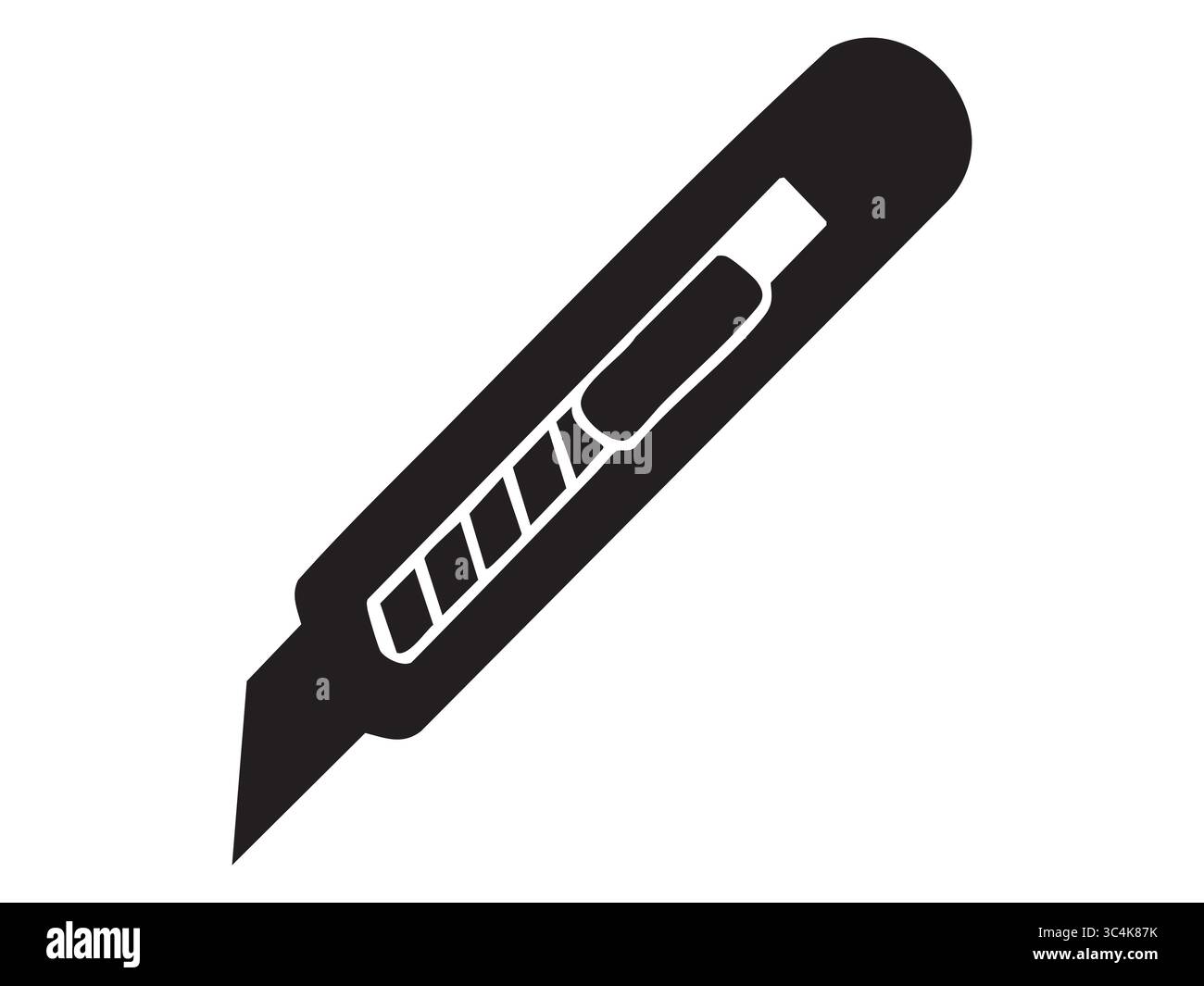 Silhouette nera del coltello multiuso con lama retrattile isolata su sfondo bianco, illustrazione grafica. concetto di taglio, utensile affilato, icona, log Illustrazione Vettoriale