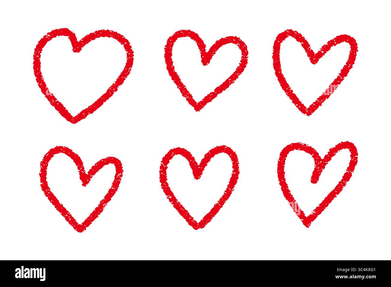 Set di doodle Crayon Heart, icone d'amore rosse disegnate a mano per bambini, illustrazione di sfondo trasparente Foto Stock