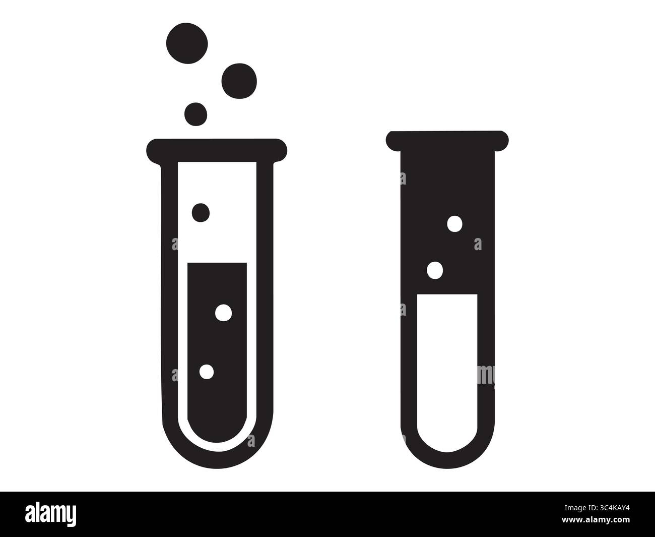 Silhouette nera di due provette con bolle, isolata su sfondo bianco, illustrazione grafica. concetto di scienza, attrezzature da laboratorio, chimico Illustrazione Vettoriale