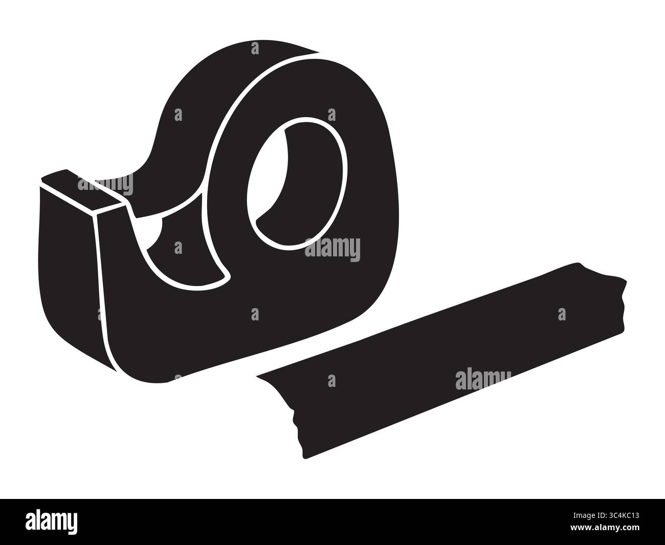 Profilo nero del dispenser di nastro e nastro su sfondo bianco. concetto di forniture per ufficio, cancelleria, utensile adesivo, icona, logo, elemento di progettazione. Illustrazione Vettoriale