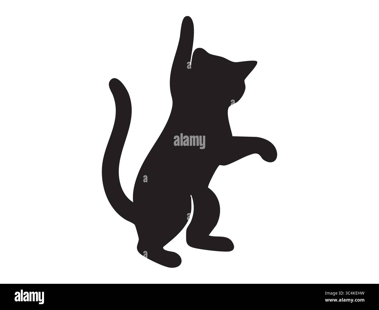 Silhouette nera di gatto in piedi sulle gambe posteriori con zampa rialzata, isolata su sfondo bianco, illustrazione grafica. Concetto di gattino giocoso, domestico Illustrazione Vettoriale