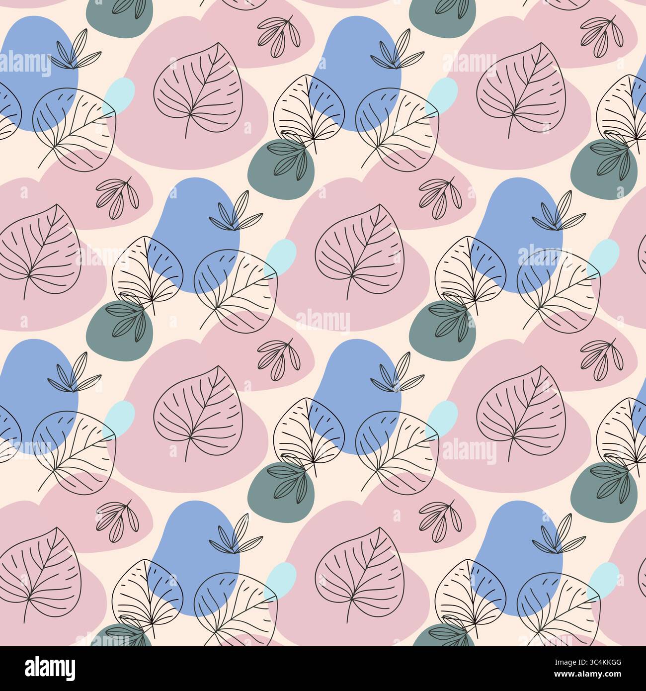 Motivo senza cuciture con forme organiche astratte e foglie lineari in colori pastello. Illustrazione Vettoriale