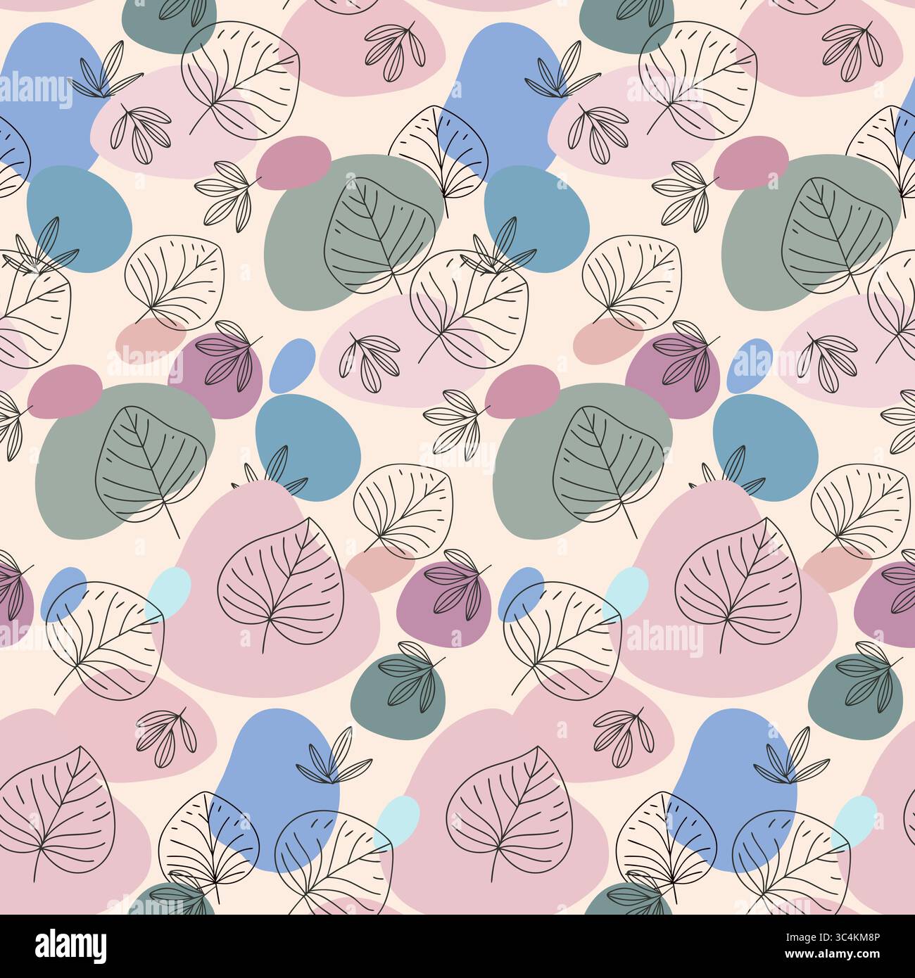 Motivo senza cuciture con forme organiche astratte e foglie lineari in colori pastello. Illustrazione Vettoriale