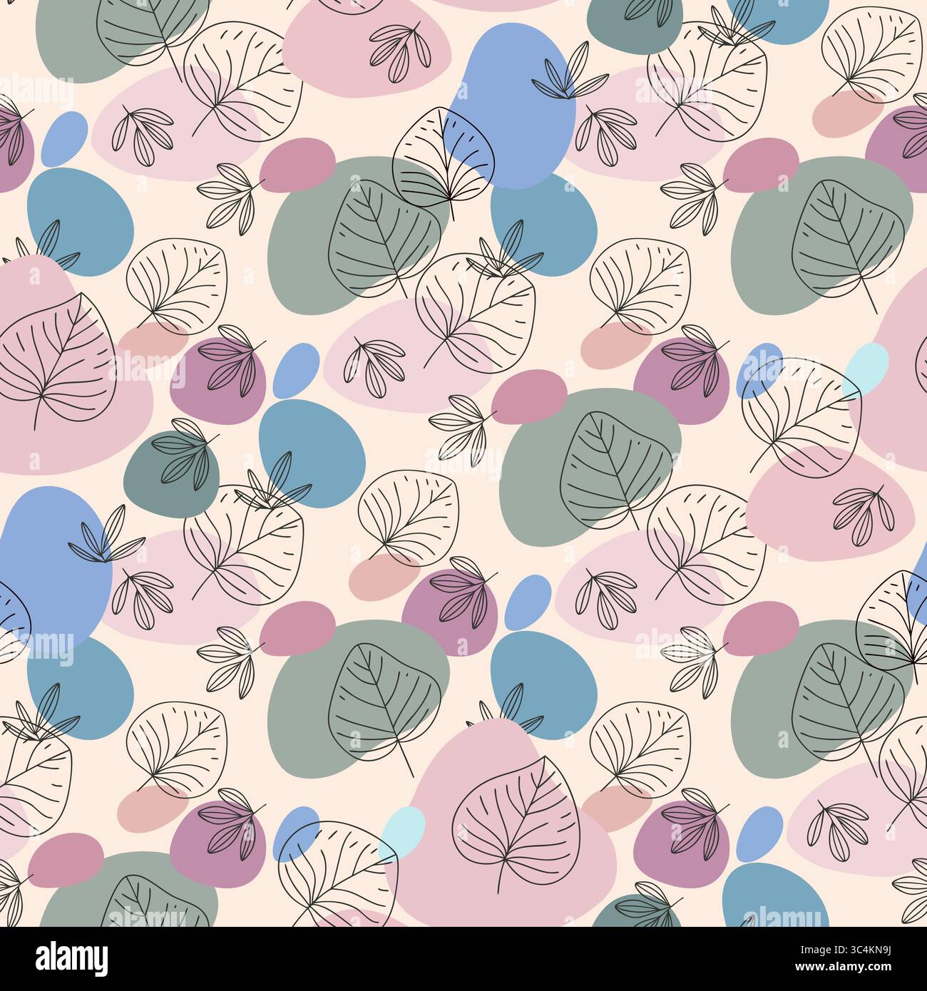 Motivo senza cuciture con forme organiche astratte e foglie lineari in colori pastello. Illustrazione Vettoriale