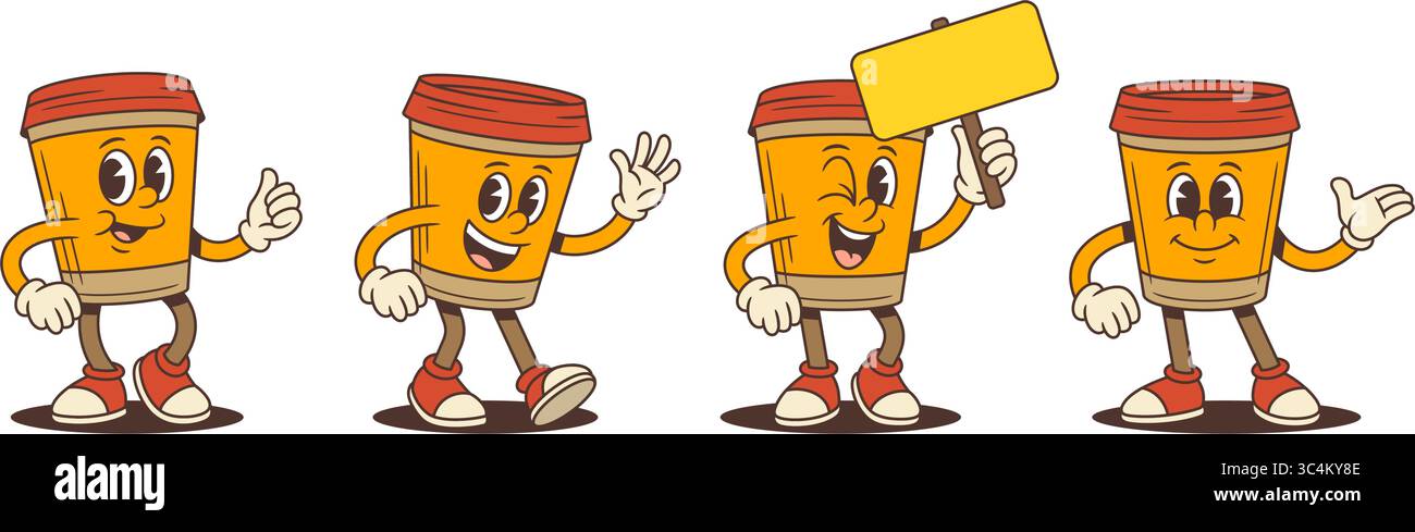 Le mascotte da caffè con sorrisi, onde, cartelli e gesti di benvenuto migliorano il packaging, il branding e i media digitali. Colori brillanti e pose divertenti creat Illustrazione Vettoriale