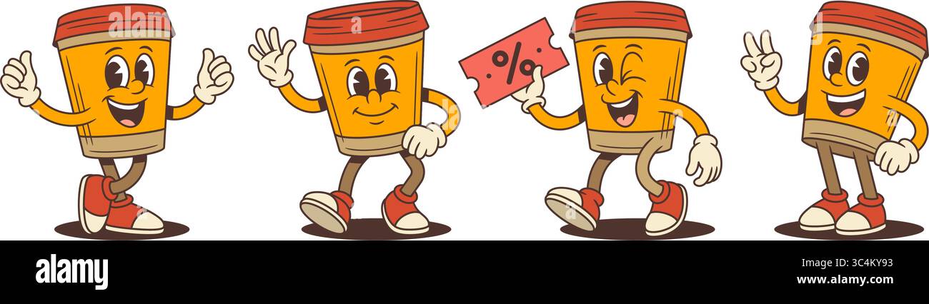 Le mascotte Orange Coffee Cup mostrano entusiasti pollici, onde amichevoli e sorrisi giocosi. Uno è in possesso di un biglietto scontato, ideale per promozioni e marchi Illustrazione Vettoriale