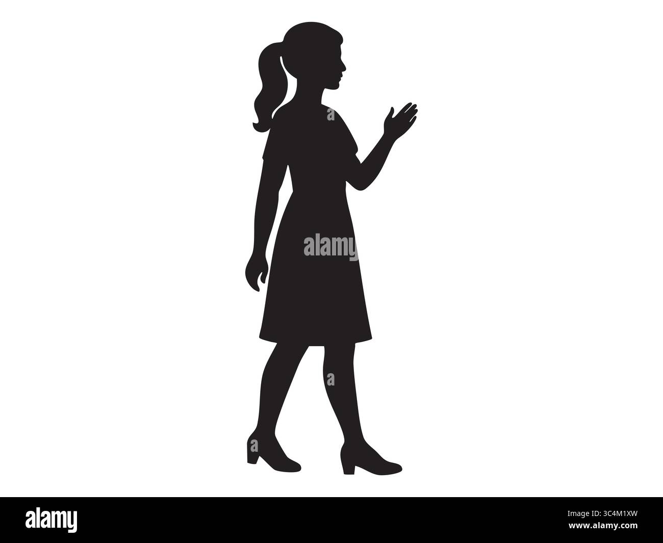 Silhouette nera di donna in abito con coda di cavallo e tacco, isolata su sfondo bianco. concetto di moda, eleganza, icona femminile, figura, gracefu Illustrazione Vettoriale