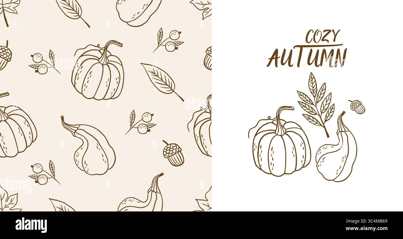 Motivo autunnale senza cuciture, accoglienti elementi autunnali, illustrazione vettoriale Illustrazione Vettoriale