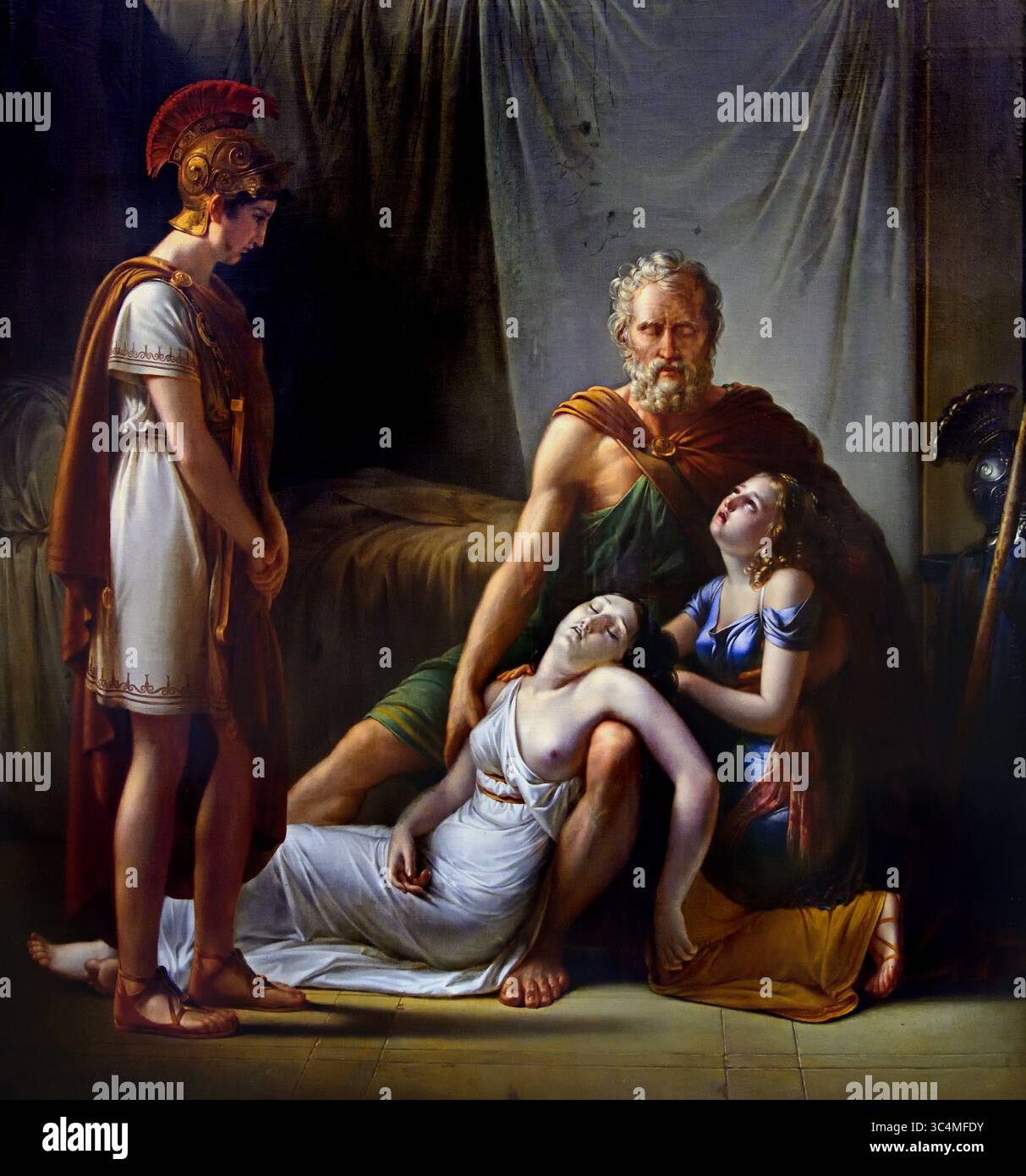 La morte della moglie di Belisario 1817 da parte di Franciscus Josephus Kinsoen Groeningemuseum, museo municipale, Bruges, Belgio, fiammingo, ( pittura tratta dal romanzo storico e filosofico di Jean-Francois Marmontel, Bélisaire, pubblicato nel 1767. Il popolare libro racconta la triste storia di Belisario, il miglior generale al tempo di Giustiniano, che è falsamente accusato di tradimento e accecato per ordine dell'imperatore. Foto Stock