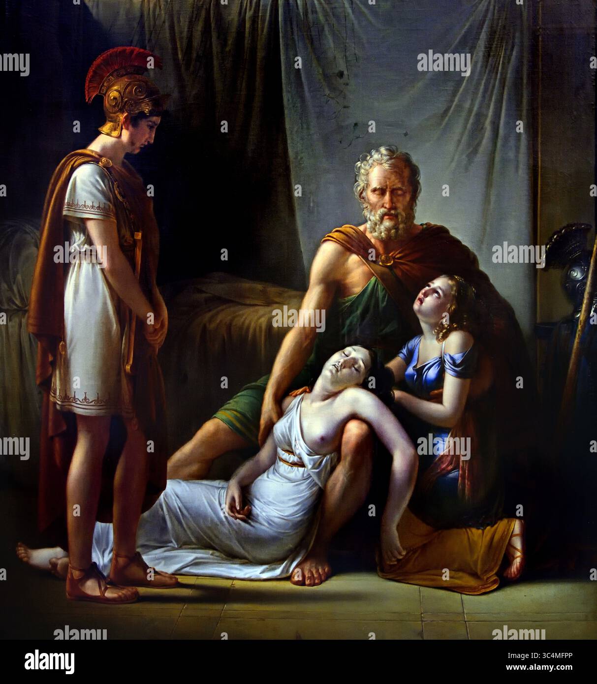 La morte della moglie di Belisario 1817 da parte di Franciscus Josephus Kinsoen Groeningemuseum, museo municipale, Bruges, Belgio, fiammingo, ( pittura tratta dal romanzo storico e filosofico di Jean-Francois Marmontel, Bélisaire, pubblicato nel 1767. Il popolare libro racconta la triste storia di Belisario, il miglior generale al tempo di Giustiniano, che è falsamente accusato di tradimento e accecato per ordine dell'imperatore. Foto Stock