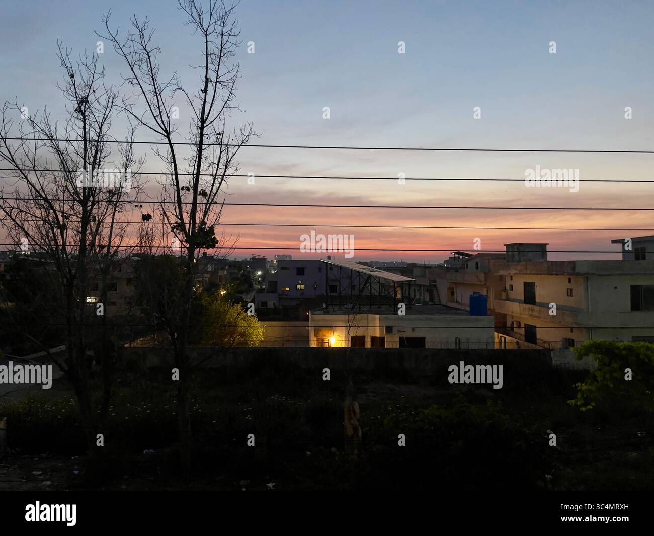 Una tranquilla scena suburbana prima dell'alba, con cieli pastello e ombre profonde che mettono in risalto la quiete della mattina presto. - Immagine stock catturata con smartphone