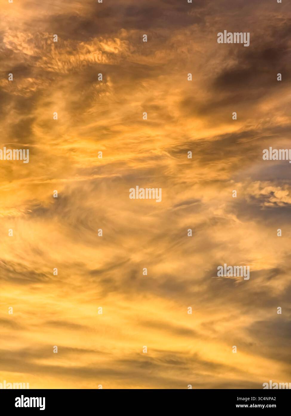 Paesaggio verticale di nuvole in sfumature di arancione al crepuscolo in una calda serata a metà luglio, nel sud-ovest della Florida. Effetto di pittura ad olio digitale chiaro. Foto Stock