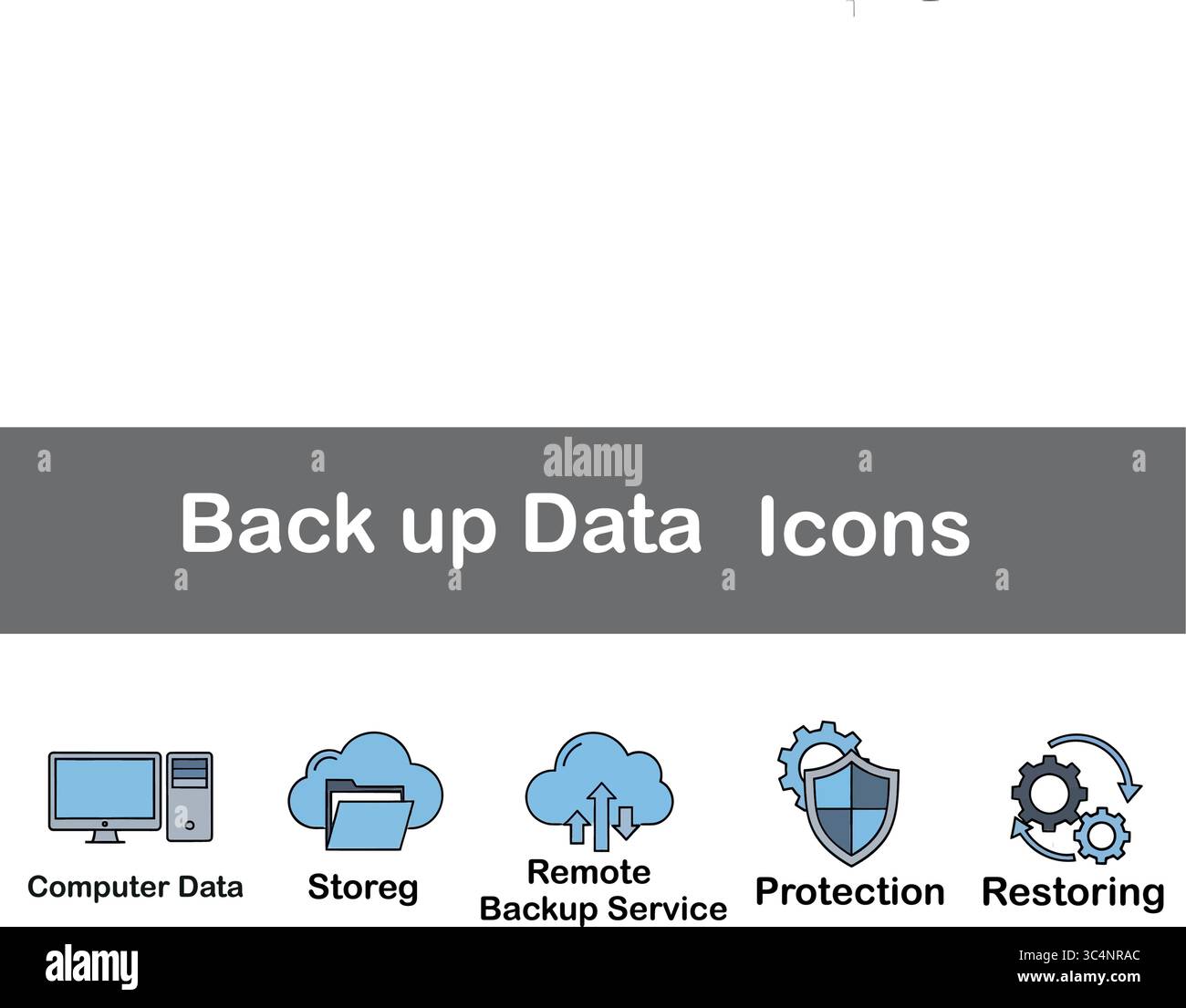 Garantire la sicurezza digitale con icone che mostrano le soluzioni online di backup, archiviazione, ripristino e protezione dei dati Illustrazione Vettoriale