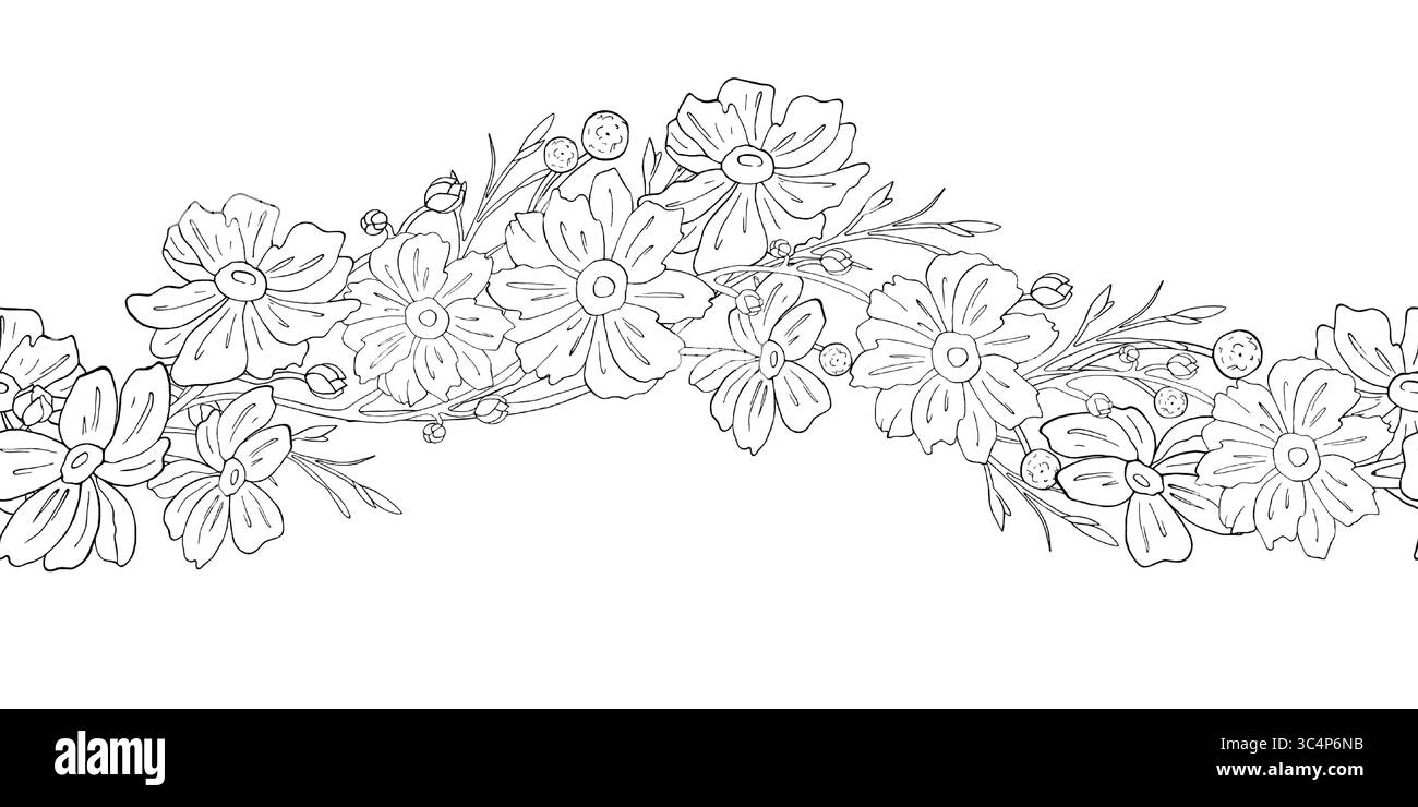 Fiori bordo senza cuciture dell'Anemone giapponese con ramoscelli in stile grafico. Cornice in illustrazione vettoriale di inchiostro disegnata a mano, grafica a linee con sfondo bianco Illustrazione Vettoriale