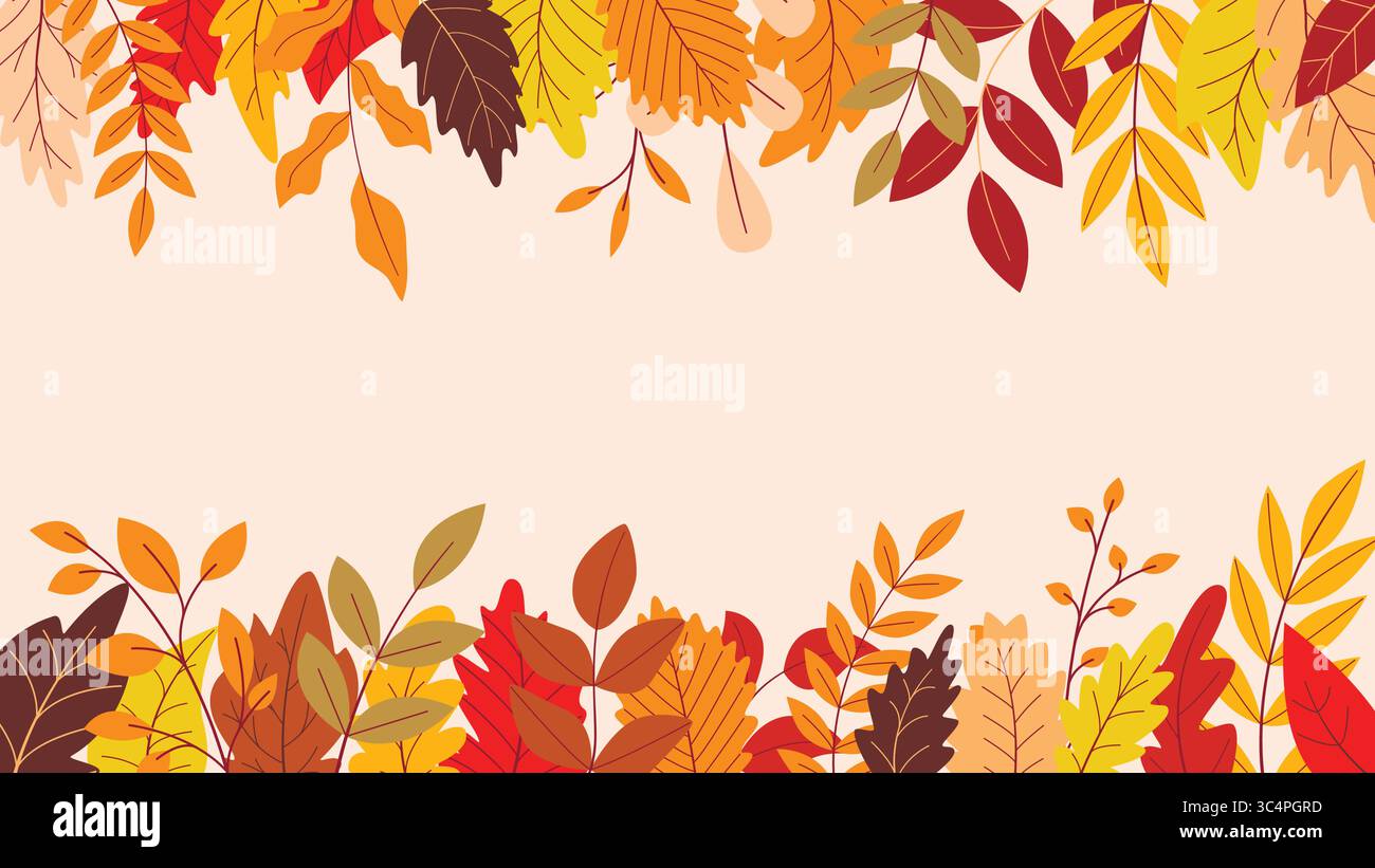 Modello orizzontale autunnale con telaio a lamelle. Le lamelle rosse, gialle e arancioni creano una cornice con spazio di copia. Banner stagionale Foliage autunnale, grafica vettoriale Illustrazione Vettoriale