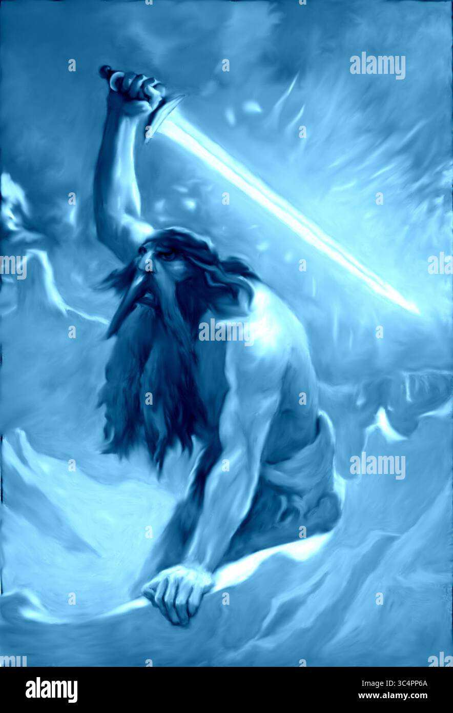 Riproduzione digitale dei concetti dipinti a mano dell'opera "The Giant with the Flaming Sword" dell'artista John Charles Dollman (1909). Foto Stock
