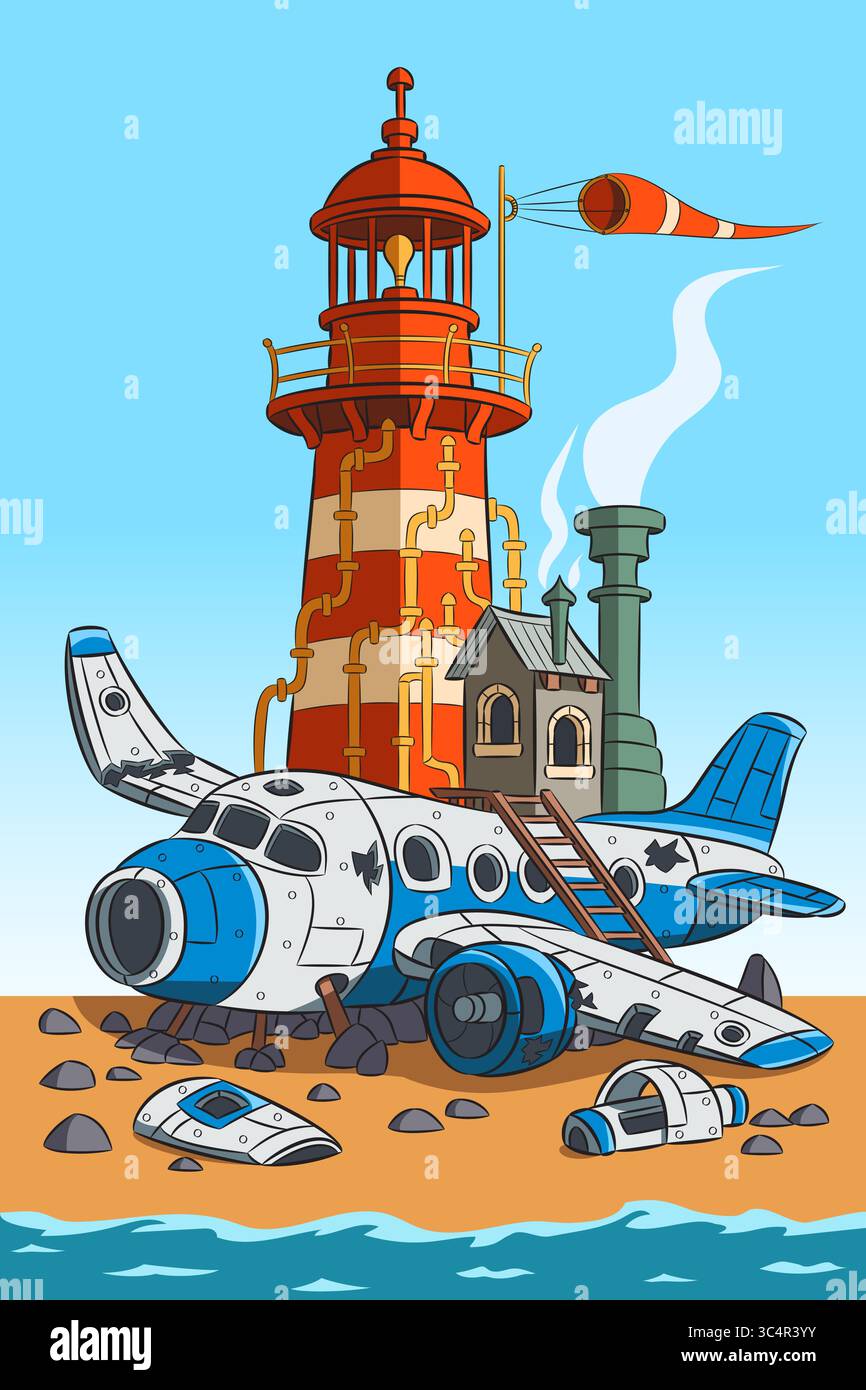 Illustrazione vettoriale del faro steampunk con relitti aerei sulla riva Illustrazione Vettoriale