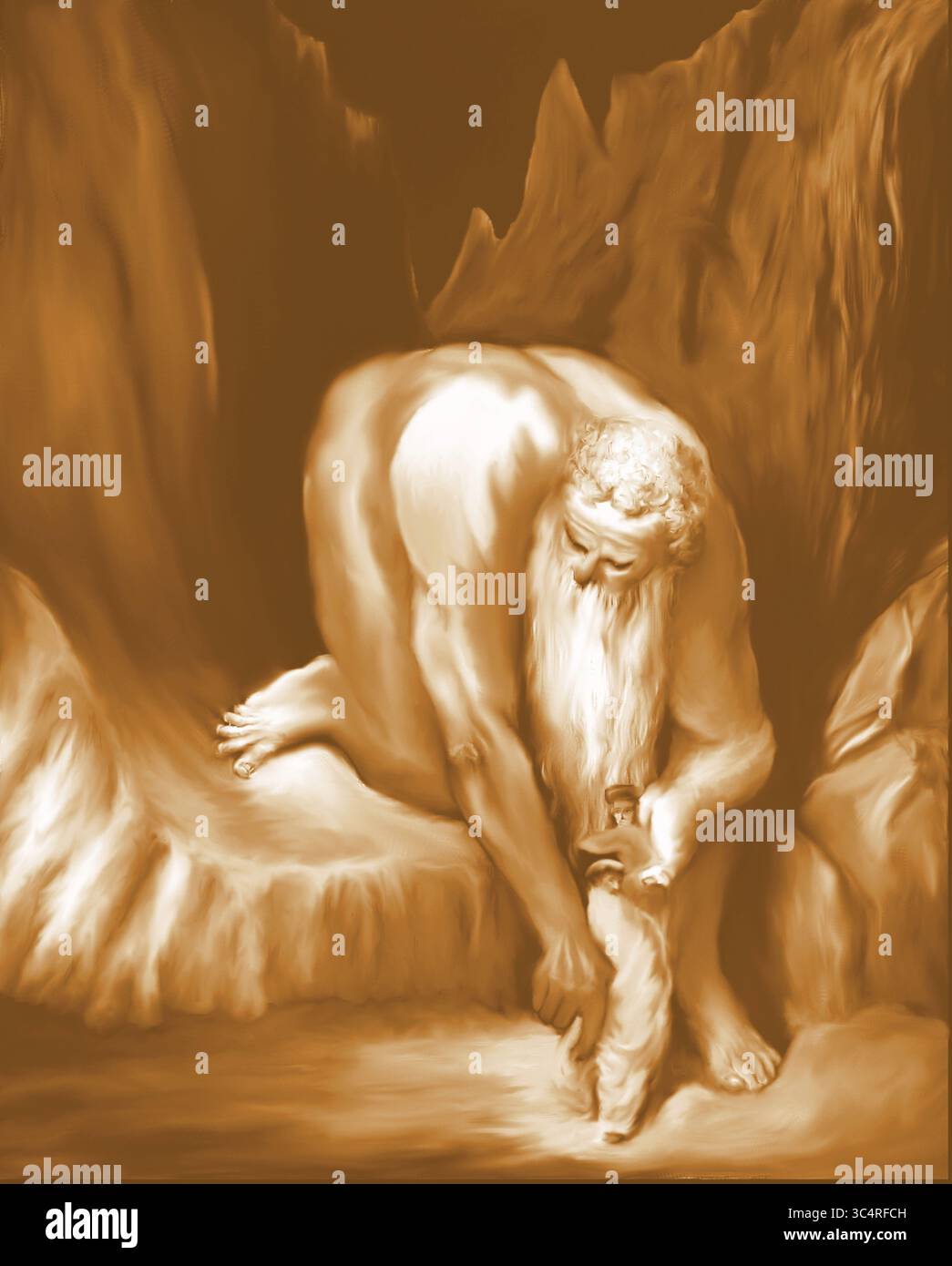 Riproduzione concettuale digitale dipinta a mano dell'antica fotoincisione del 1832 dell'artista Gustave Doré chiamata "il gigante" con. Foto Stock