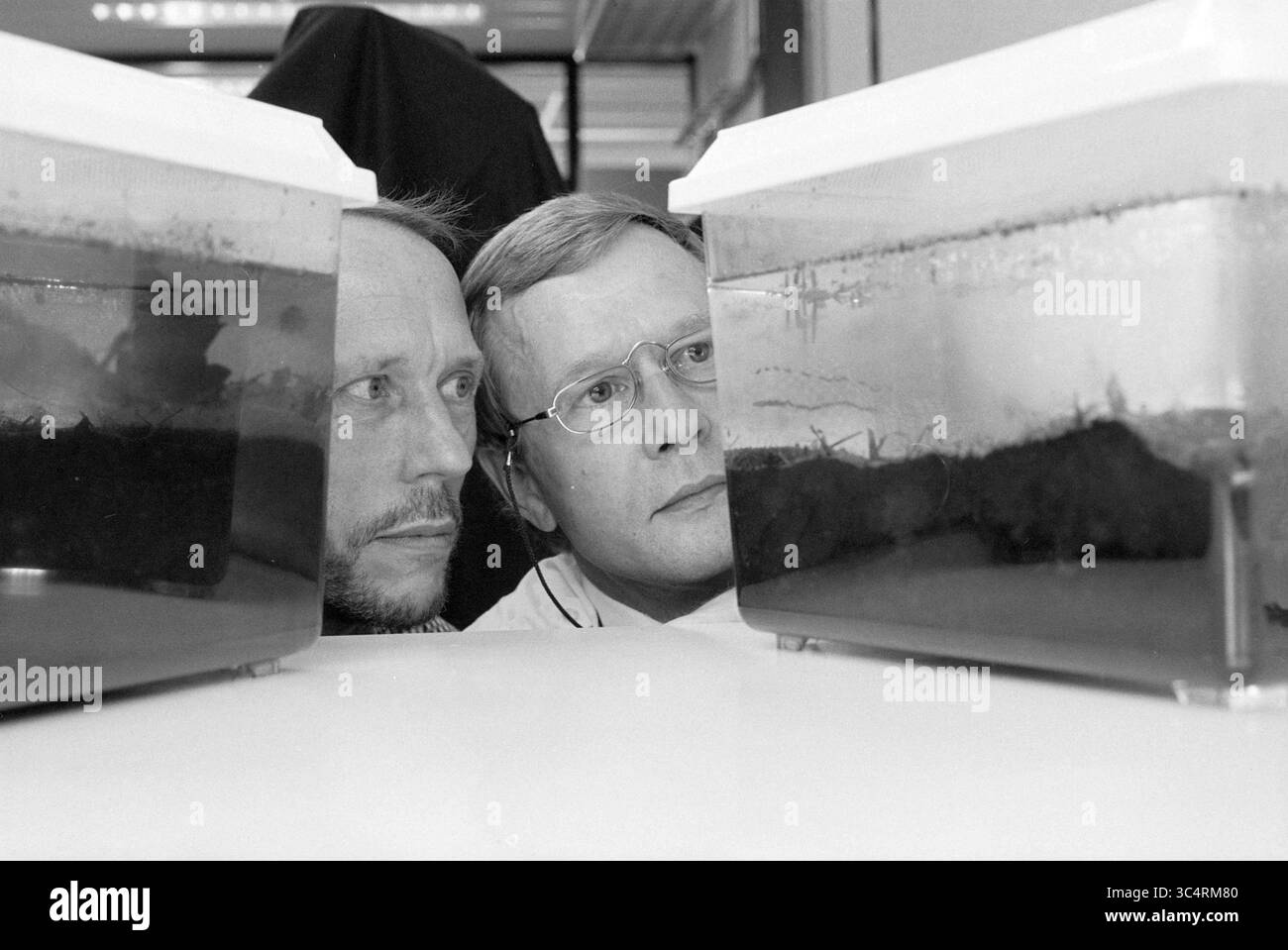 Fa. Makuport con batteri, 11-06-1992 Whizgle News, Dutch Desk, Paesi Bassi, 1950-2000 due persone osservano attentamente il contenuto in contenitori trasparenti, che contengono campioni scuri, possibilmente acquatici. Le loro espressioni focalizzate suggeriscono un momento di scoperta o analisi importante. Foto Stock
